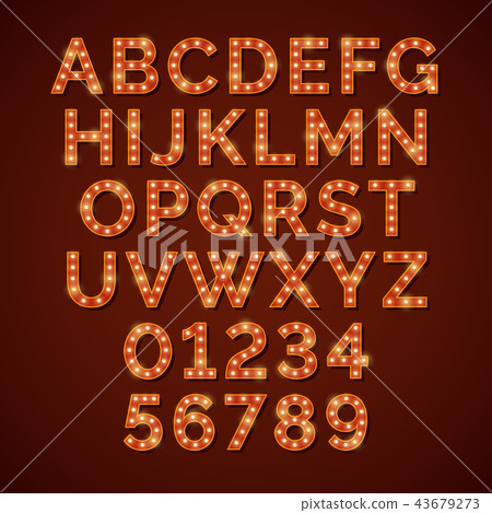 Retro light bulb bright alphabet, vector font 43679273