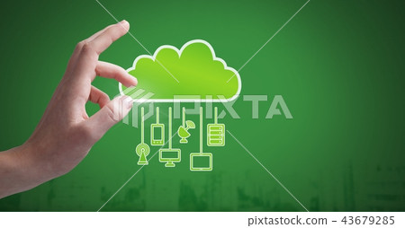 Hand with cloud icon and hanging connection devices 43679285