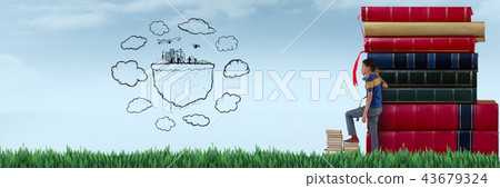 Child watching drawings in the sky next to a pile of books 43679324