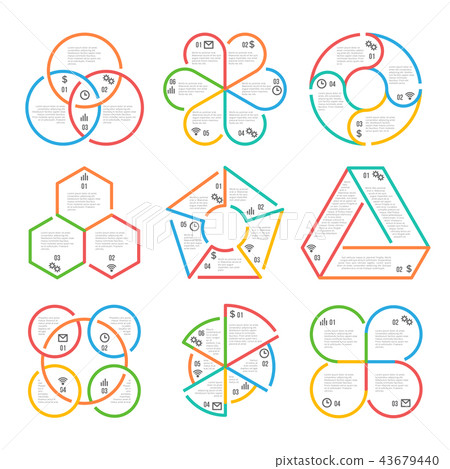 Color thick line circle, triangular, hexagonal, pentagonal infographics business outline charts 43679440
