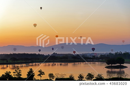Hot air colorful Balloon flying in the sunrise mor Hot air colorful Balloon flying in the sunrise mor 43681020