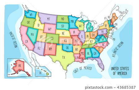 Colorful hand drawn vector map of the USA Colorful hand drawn vector map of the USA 43685387