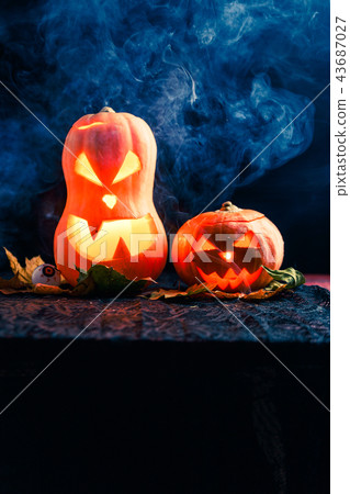 Halloween photo of two pumpkins and eyeballs 43687027