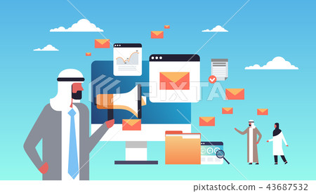 arabic businessman holding megaphone email marketing concept online communication messenger 43687532