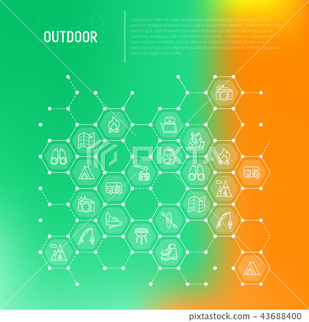 Outdoor concept in honeycombs with thin line icons 43688400