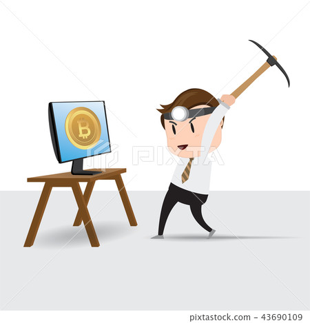 Businessman mining bitcoins in computer screen 43690109