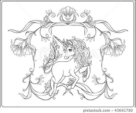 Unicorn and fantastic vintage flowers. Vector illustration.  43691780