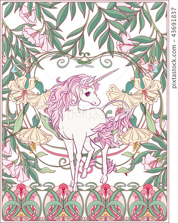 Unicorn and fantastic vintage flowers. Vector illustration. Unicorn and fantastic vintage flowers. Vector illustration. 43691837