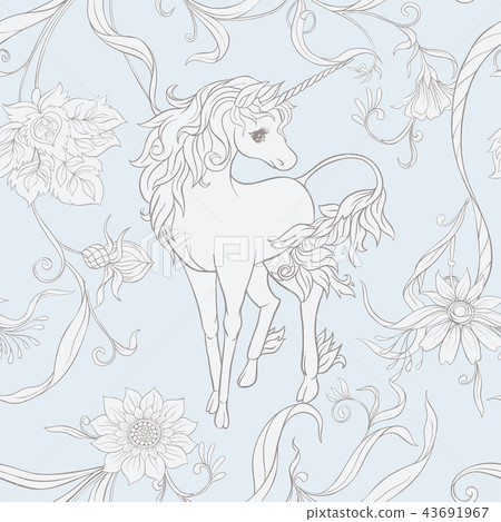 Seamless pattern, background with unicorn and vintage flowers. Vector illustration. Seamless pattern, background with unicorn and vintage flowers. Vector illustration. 43691967