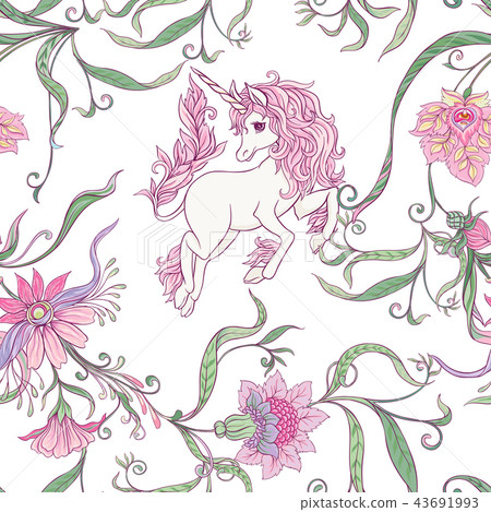 Seamless pattern, background with unicorn and vintage flowers. Vector illustration. Seamless pattern, background with unicorn and vintage flowers. Vector illustration. 43691993