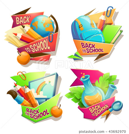Set of cartoon illustrations, badges, stickers, emblems, colored icons of school supplies Set of cartoon illustrations, badges, stickers, emblems, colored icons of school supplies 43692970