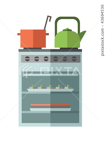 Kitchen stove oven with kettle and pot on it. Flat vector illustration. Isolated on white background 43694530