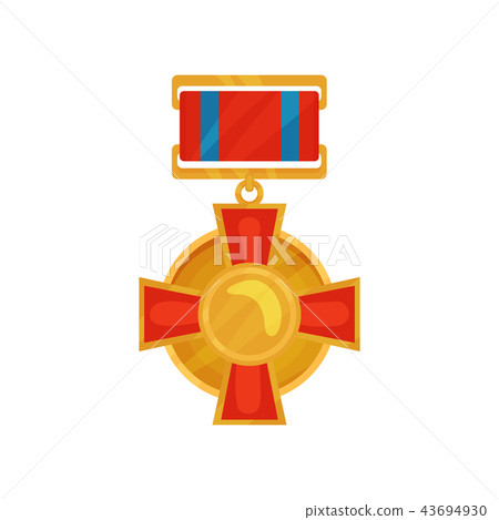 Shiny medal in circle shape with red cross. Golden reward for honor. Military award. Flat vector 43694930