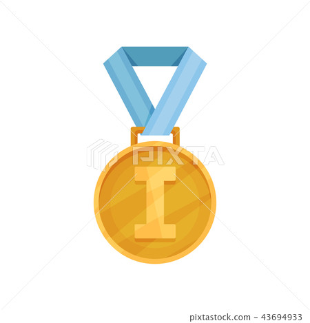 Flat vector icon of shiny golden medal with blue ribbon. First place. Reward for champion of 43694933