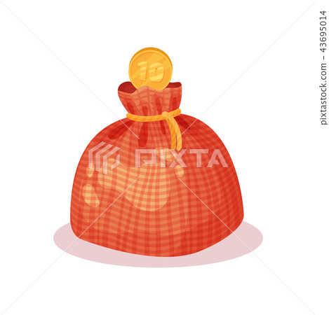 Money box in form of small bag with rope and coin. Flat vector element for mobile game, sticker or Money box in form of small bag with rope and coin. Flat vector element for mobile game, sticker or 43695014