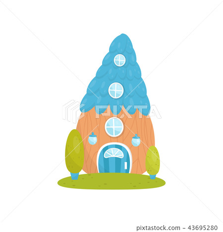 Cute small house with blue roof, fairytale fantasy house for gnome, dwarf or elf vector Illustration 43695280