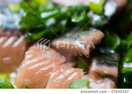 Sliced herring with green onion on a plate. Selective focus macro shot with shallow DOF. Sliced herring with green onion on a plate. Selective focus macro shot with shallow DOF. 43698387