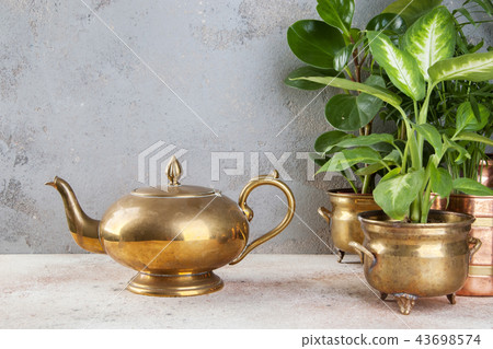 Vintage bronze tea pot and green plants Vintage bronze tea pot and green plants 43698574