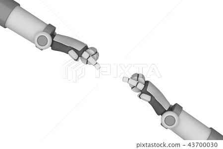 Robot hands pointing to each other isolated on white background 43700030