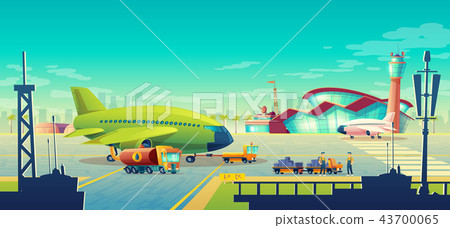Vector cartoon airport landscape, airliner on runway 43700065