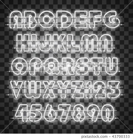 Shining and glowing white neon alphabet and digits. 43700333