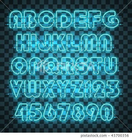 Shining and glowing blue neon alphabet and digits. 43700356