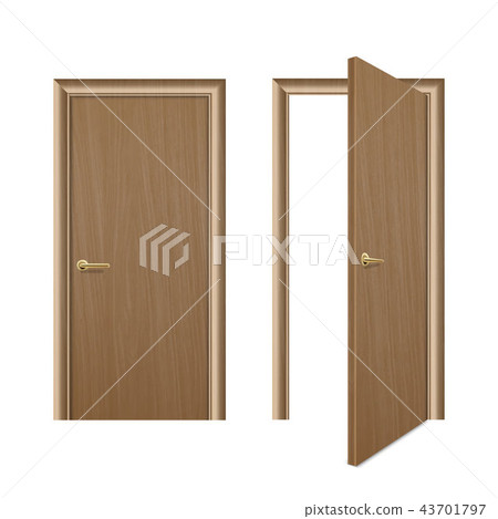 Vector realistic different opened and closed brown wooden door icon set closeup isolated on white 43701797