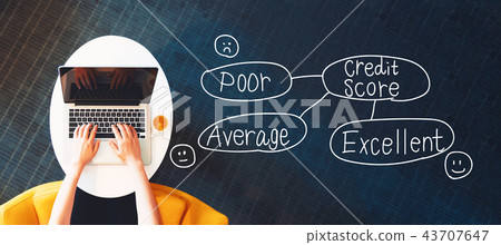 Credit score theme with person using a laptop Credit score theme with person using a laptop 43707647