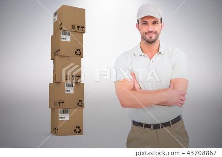 Composite image of delivery man standing arms crossed 43708862