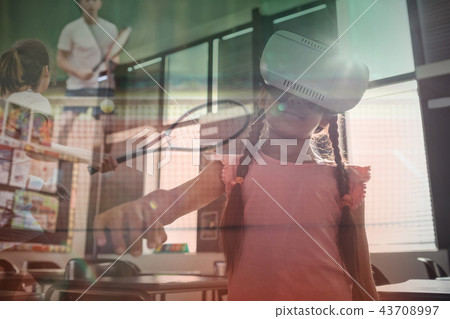Composite image of girl wearing virtual reality simulator Composite image of girl wearing virtual reality simulator 43708997