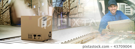 Composite image of packed carton box on conveyor belt 43709004