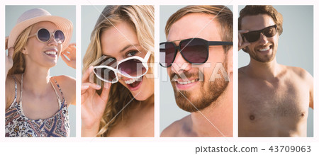Composite image of beautiful girl with straw hat and sunglasses 43709063