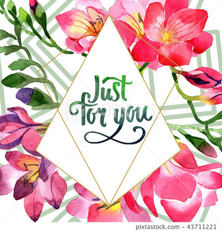 Watercolor pink freesia flower. Floral botanical flower. Frame border ornament square. 43711221