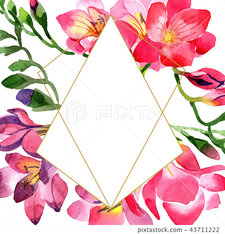 Watercolor pink freesia flower. Floral botanical flower. Frame border ornament square. Watercolor pink freesia flower. Floral botanical flower. Frame border ornament square. 43711222
