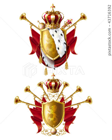 Royal golden crowns, fanfares, scepter and orb Royal golden crowns, fanfares, scepter and orb 43716392