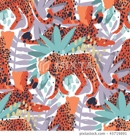 Vector pattern of cheetahs surrounded by exotic plants 43719891