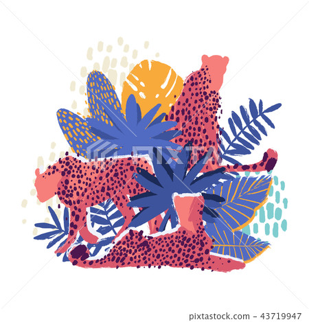 Vector graphic cheetah surrounded by exotic plants 43719947