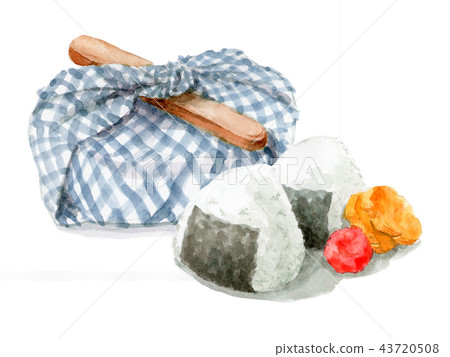 Watercolor wrapped lunch box and rice ball Watercolor wrapped lunch box and rice ball 43720508