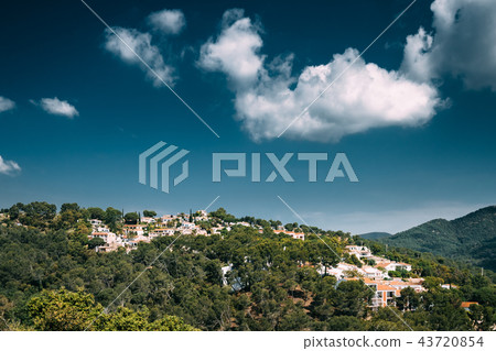 Village With White Houses In Girona, Spain. Summer Cityscape. Sp Village With White Houses In Girona, Spain. Summer Cityscape. Sp 43720854