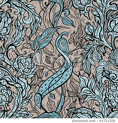 Paradise Bird in magic garden. Hand drawn seamless pattern. Paradise Bird in magic garden. Hand drawn seamless pattern. 43722108