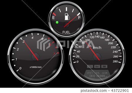 Car dashboard black gauges set. Speedometer, tachometer, fuel gauge 43722901