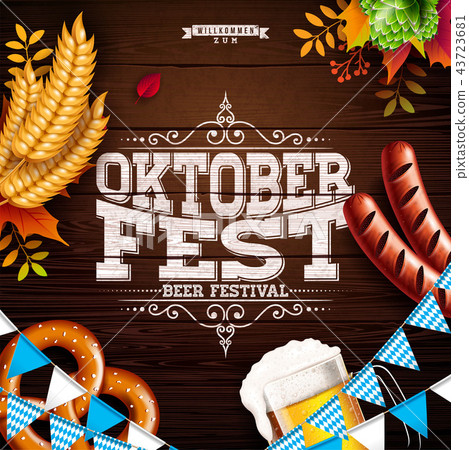 Oktoberfest Banner Illustration with Typography Lettering and Fresh Beer on Vintage Wood Background 43723681