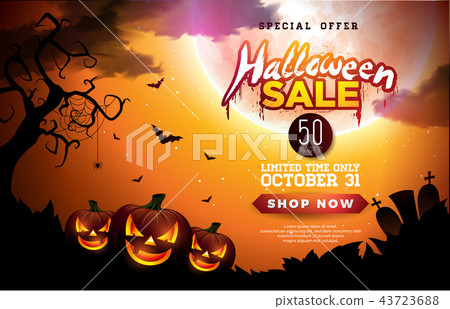 Halloween Sale banner illustration with pumpkins, moon and flying bats on orange night sky 43723688