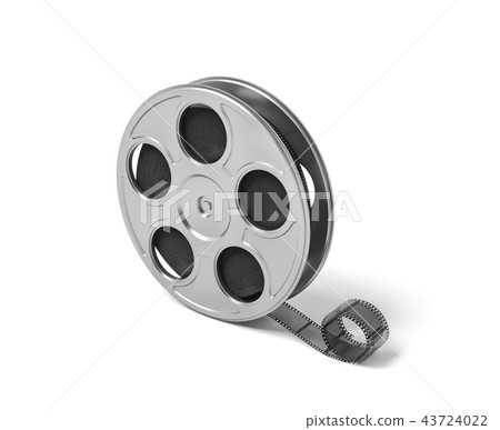 3d rendering of a single movie reel with some film tailing after it on a white background. 3d rendering of a single movie reel with some film tailing after it on a white background. 43724022