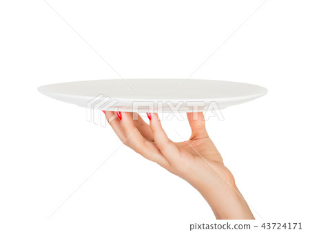 Blank empty round plate in female hand Blank empty round plate in female hand 43724171