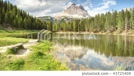 Tre Cime above Lago Di Antorno, wooden bridge 43725409