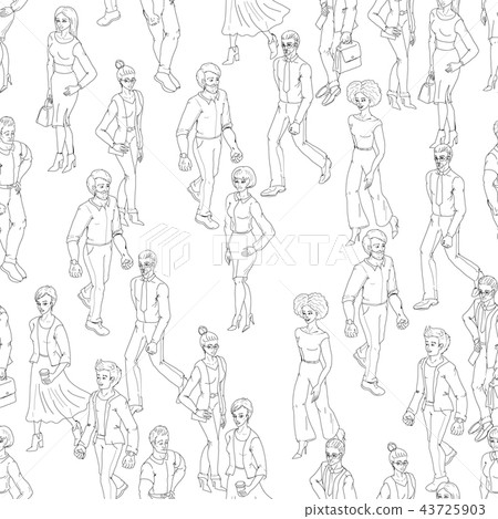 Seamless pattern with business people walking. Sketch style illustration with men and woman. 43725903