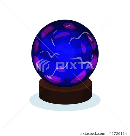 Flat vector icon of bright blue magic ball with purple glowing. Glass sphere on brown wooden stand 43726114