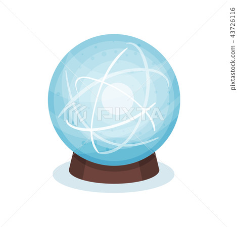 Blue magic ball on wooden stand. Glass sphere with shiny sparkles inside. Flat vector for mobile 43726116