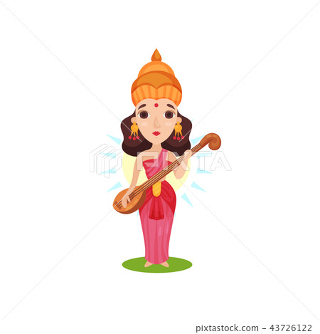 Saraswati Indian goddess of knowledge, arts, music, wisdom and learning cartoon vector Illustration 43726122